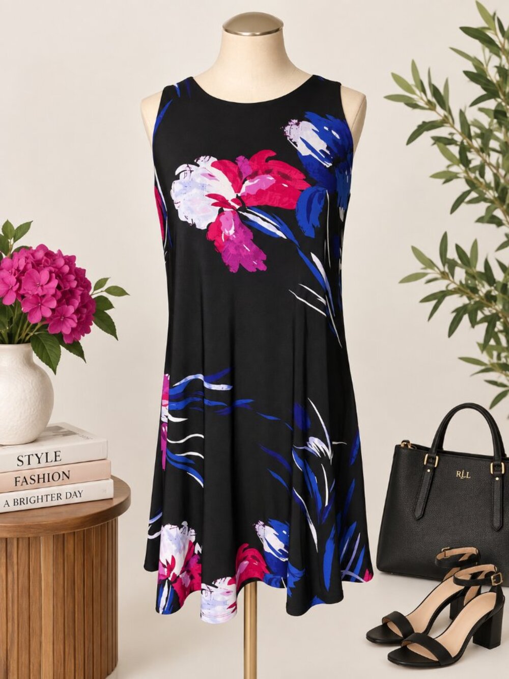 Lauren Ralph Lauren Black Floral Swing Dress Size 8 Sleeveless Stretch